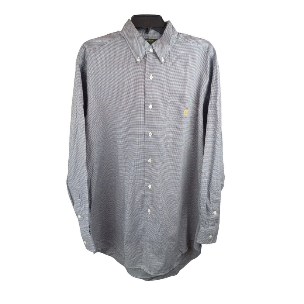 Lauren Ralph Lauren Chest Crest Black Plaid Print Gold Logo L/S Shirt Mens Exc